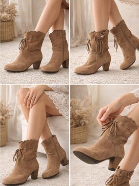 Women's Tan Suede Scalloped Ankle Boots